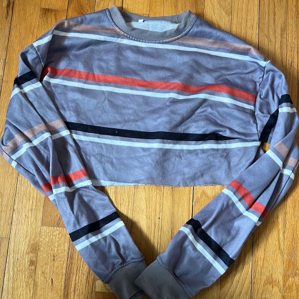 Grey Striped Long Sleeve Crop Top